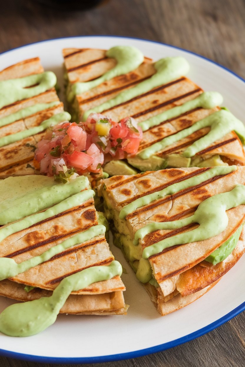 Indoor dining table, a grilled chicken and avocado quesadilla cut into wedges, creamy avocado peeking out, photo, no text or logos.