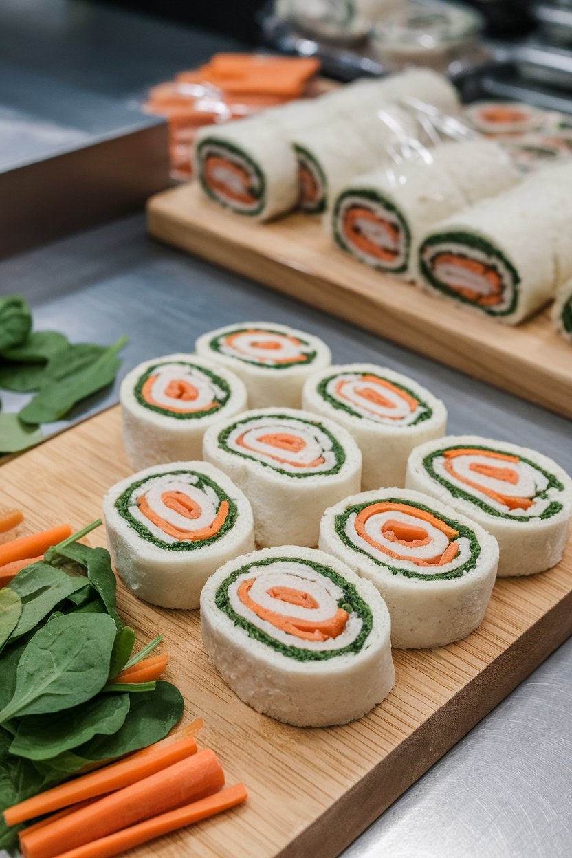 An indoor lunch prep station displaying rolled white-bread sushi sandwiches filled with layers of spinach, carrot strips, and turkey, sliced into rounds. Photo, no text or logos.