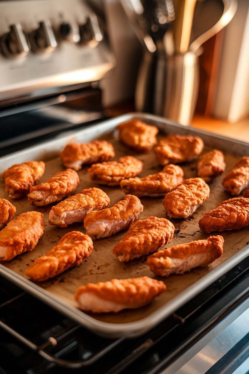 Indoor kitchen scene with a baking sheet of crispy baked chicken tenders fresh out of the oven. Warm lighting, no text or logos.