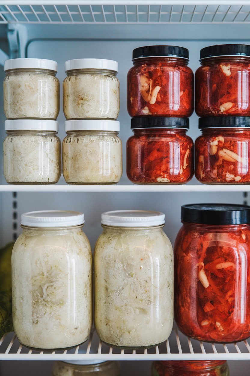 An indoor refrigerator shelf with small jars of sauerkraut and kimchi, lids clear of any branding. No text or logos visible.