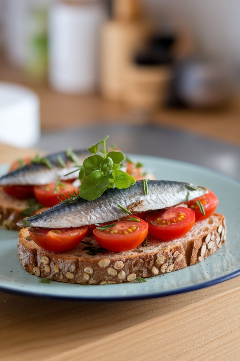 Indoor breakfast plate with whole-grain toast topped with cooked sardine fillets, cherry tomato halves, and herbs. No logos or text.