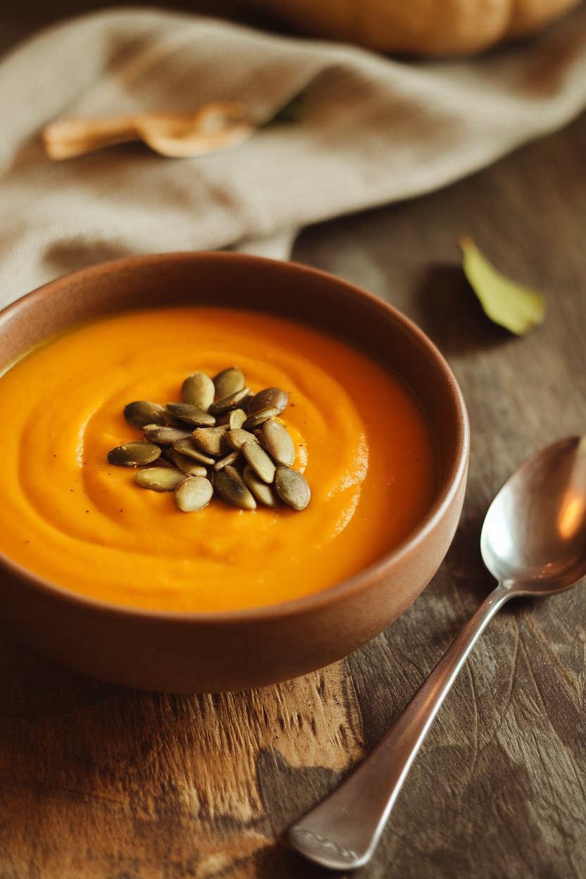 Indoor photo of a creamy orange bowl of roasted butternut squash soup topped with toasted pumpkin seeds, spoon on the side. No text or logos.