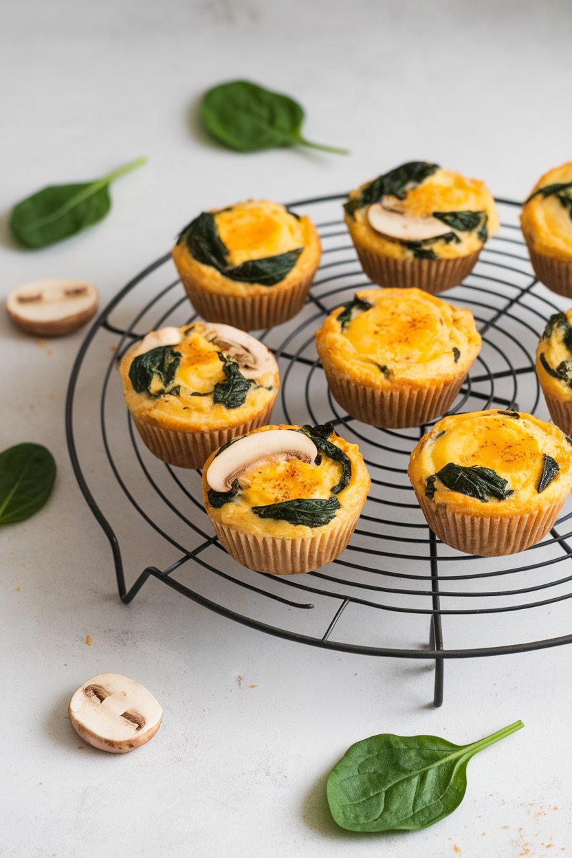 Indoor photo of mini egg muffins on a cooling rack, spinach leaves and mushroom slices visible inside each, no logos.