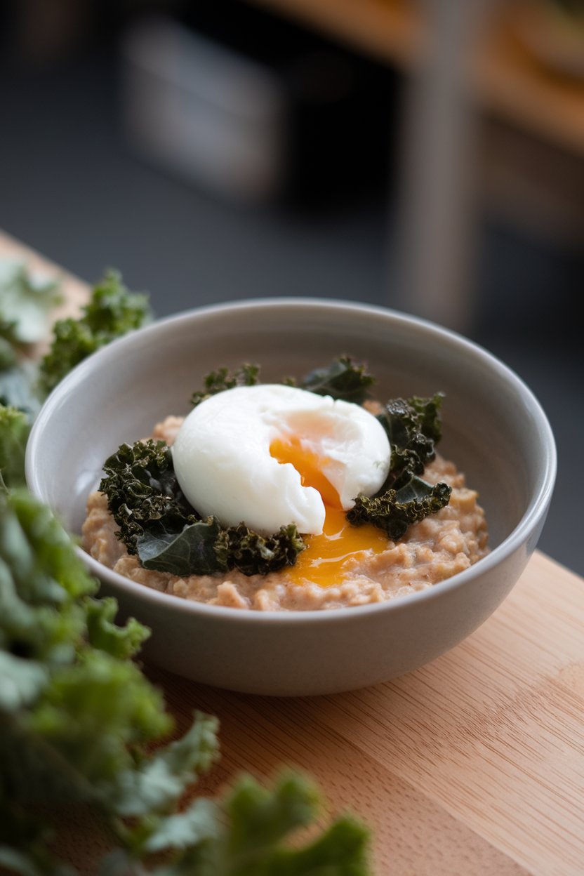 Indoor photo of a bowl of oatmeal topped with a poached egg and wilted kale, yolk slightly runny, no text or logos