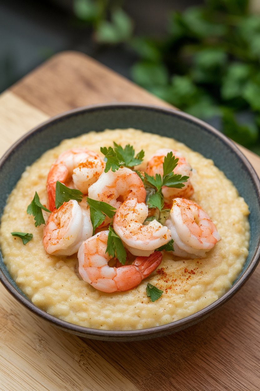 Indoor photo of a shallow bowl of creamy cauliflower “grits” topped with spiced cooked shrimp and parsley. No text or logos.