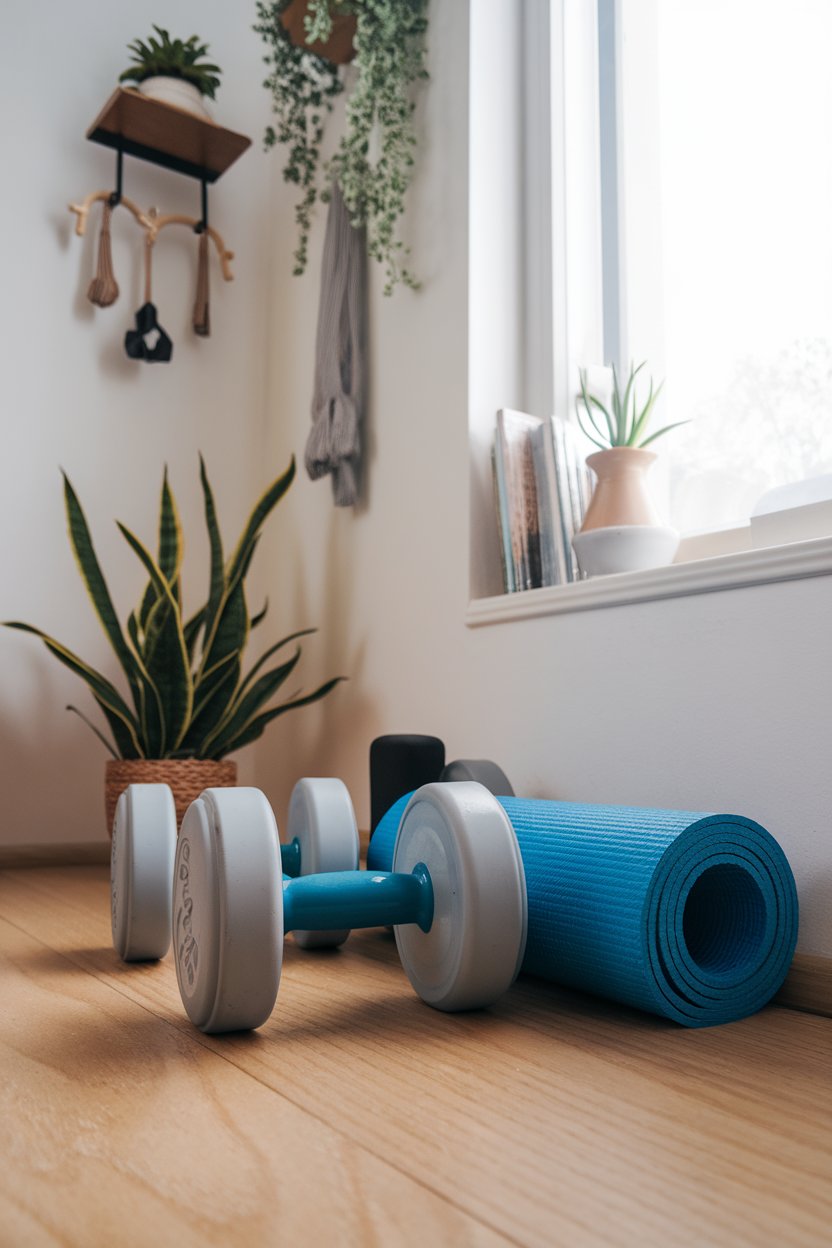 An indoor home gym corner with a set of dumbbells and a yoga mat, no text or logos, photo only