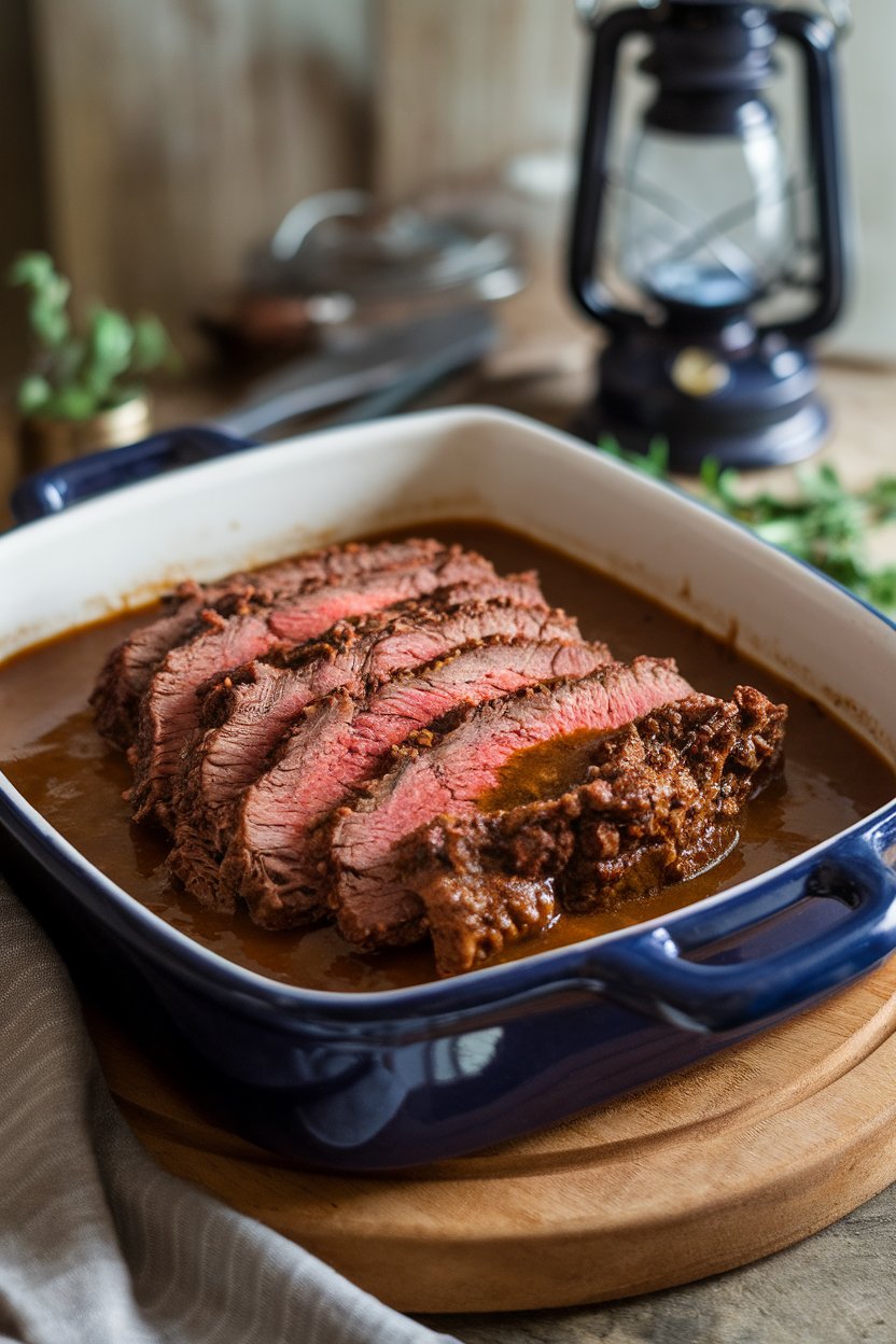 A ceramic dish indoors holding thick slices of tender beef brisket bathed in rich gravy, soft lighting highlighting the texture—no text or logos. Photo.
