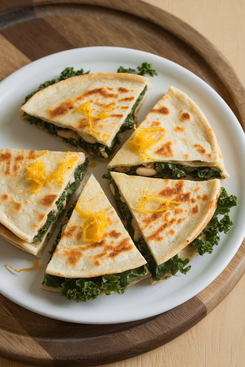 Indoor wholesome plate, kale and white bean quesadilla wedges, lemon zest sprinkled, photo, no text or logos.