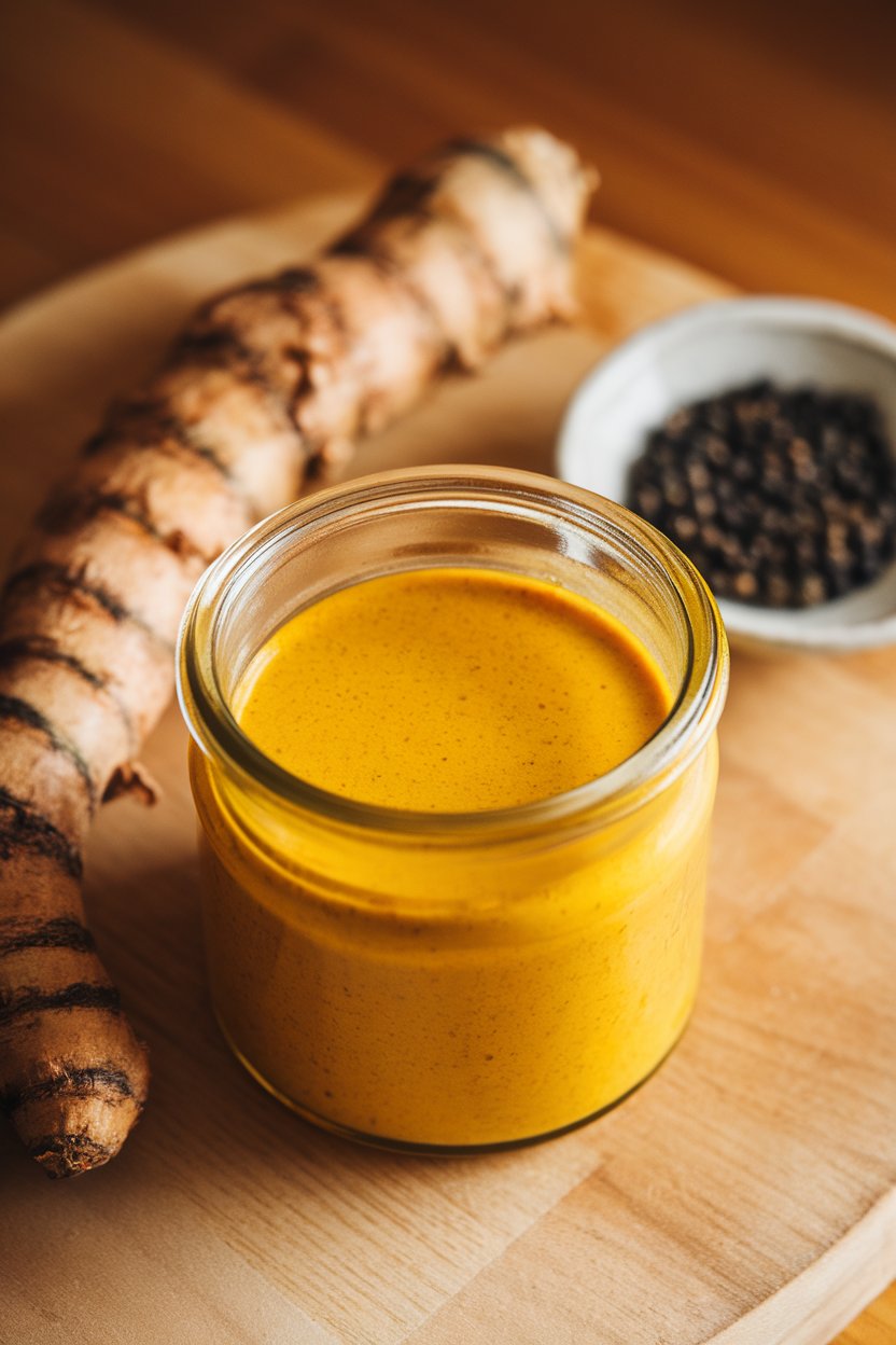 Indoor scene of a glass jar filled with bright yellow turmeric dressing, next to fresh turmeric root and black peppercorns. Photo, not illustration. No text or logos.