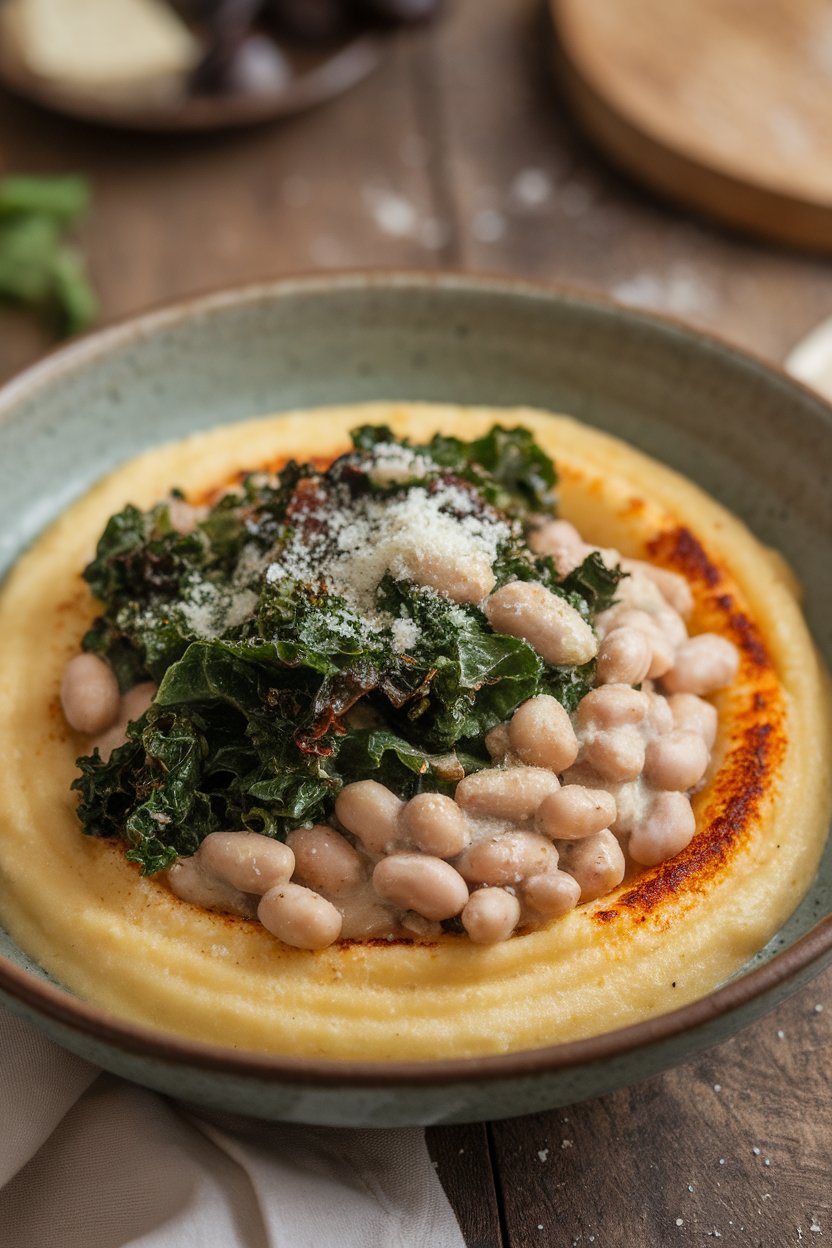 Photo of a shallow indoor bowl featuring creamy polenta topped with sautéed kale and white beans. No text or logos.