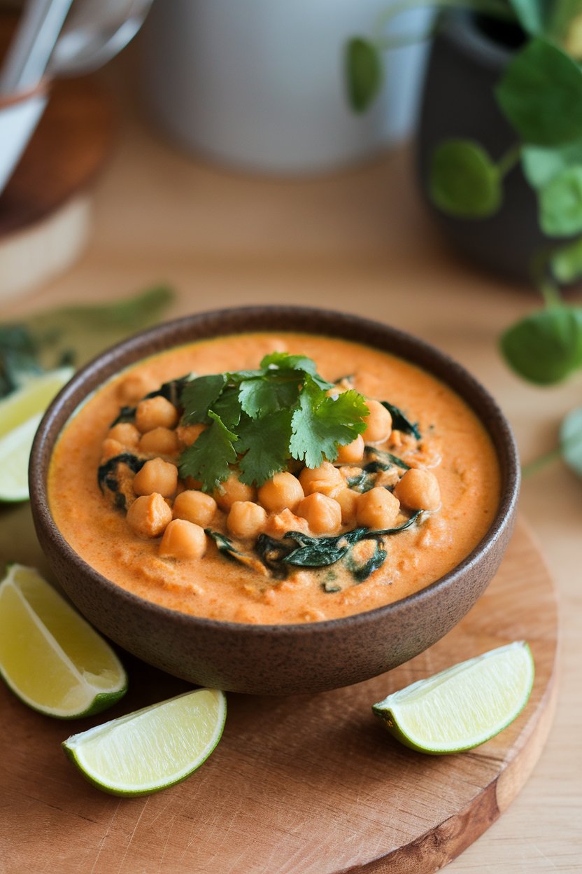 Photo of an indoor soup bowl filled with creamy coconut stew, chickpeas, and spinach, topped with lime wedges; no text or logos