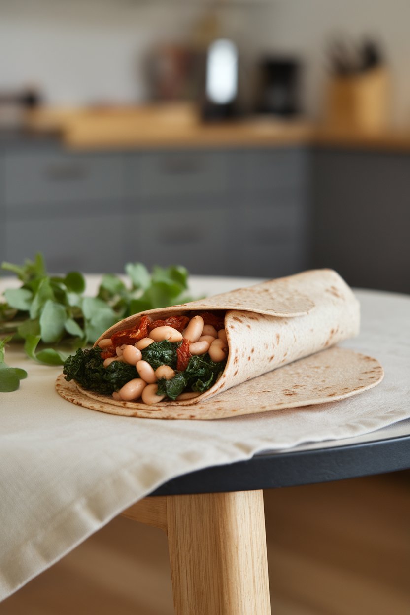 Indoor table with a wrap showing garlicky white beans, sautéed kale, and sun-dried tomatoes in a wheat tortilla. No branding.