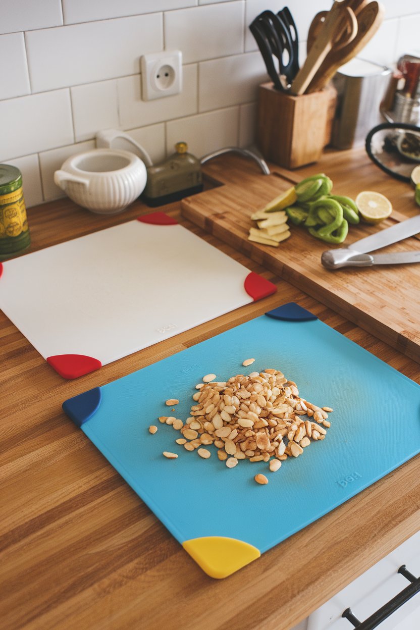 An indoor kitchen workspace with separate cutting boards labeled by colored silicone corners—one holding sliced almonds, the other empty—showing safe prep practices. No text or logos on boards.