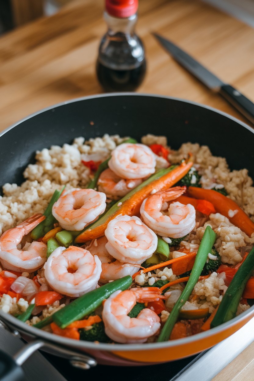 An indoor sauté pan filled with cooked shrimp, mixed vegetables, and cauliflower rice, soy sauce glistening; no text or logos; photo