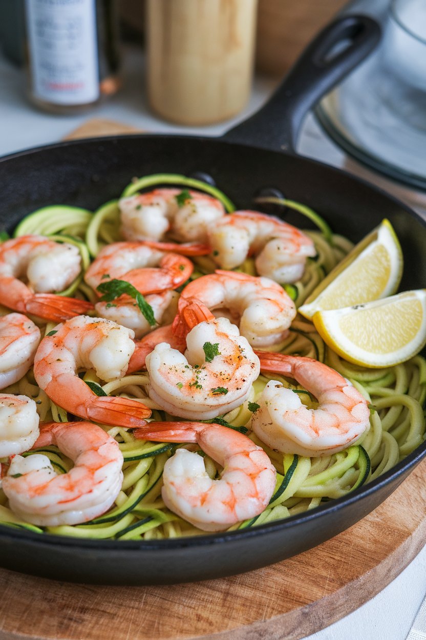 An indoor skillet filled with cooked garlic shrimp atop zucchini noodles, lemon wedges on side. No text or logos.