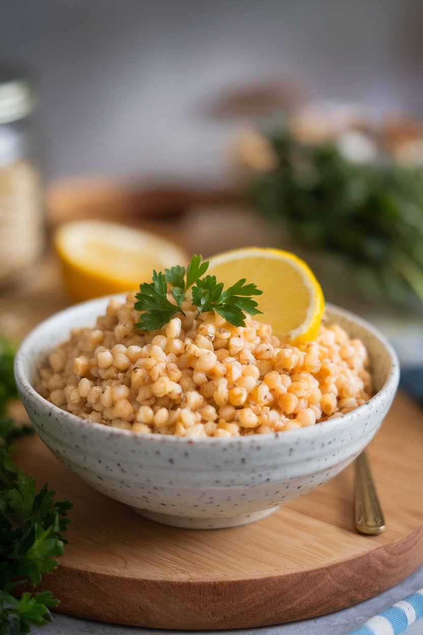 Indoor bowl of fluffy millet garnished with parsley and a lemon wedge. No text or logos.