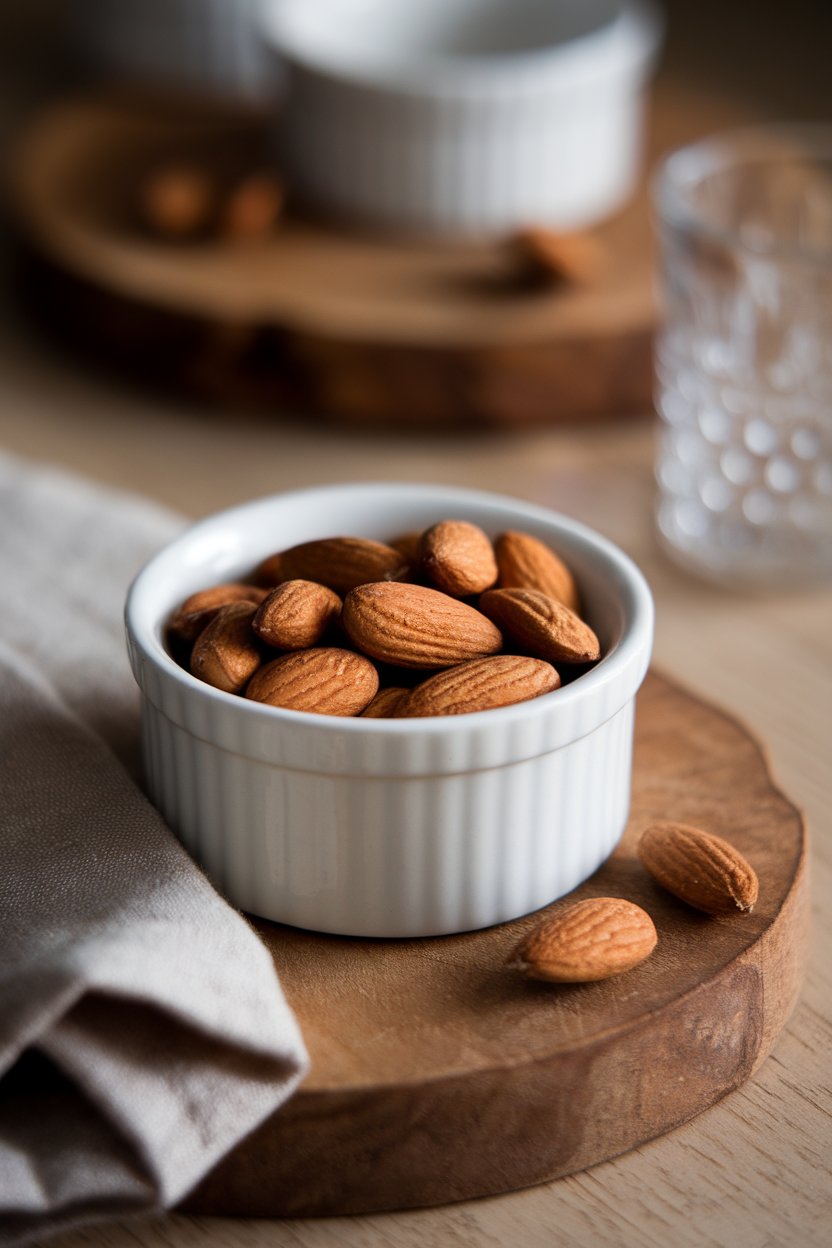 Close-up indoor tabletop shot of a small porcelain ramekin filled with raw almonds beside a few scattered on a linen napkin. No text or logos. Photo, not illustration.