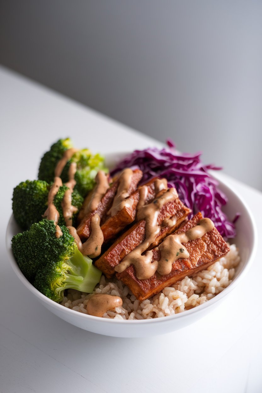Indoor photo of a bowl holding brown rice, seared tempeh slices, steamed broccoli, and shredded red cabbage, drizzled with ginger soy dressing. No text or logos.