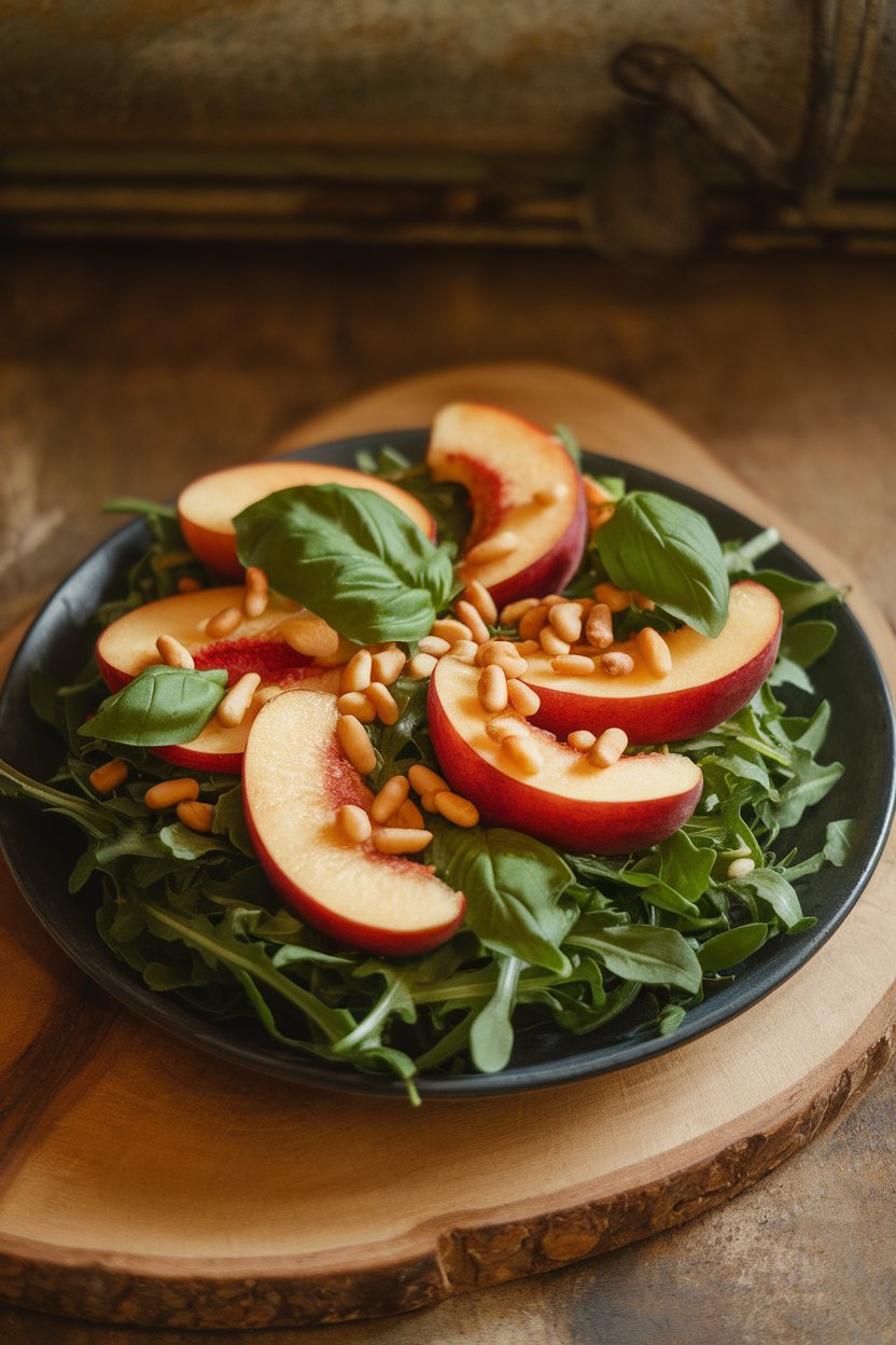 Photo of arugula topped with sliced nectarines, basil leaves, and toasted pine nuts indoors, no text or logos.