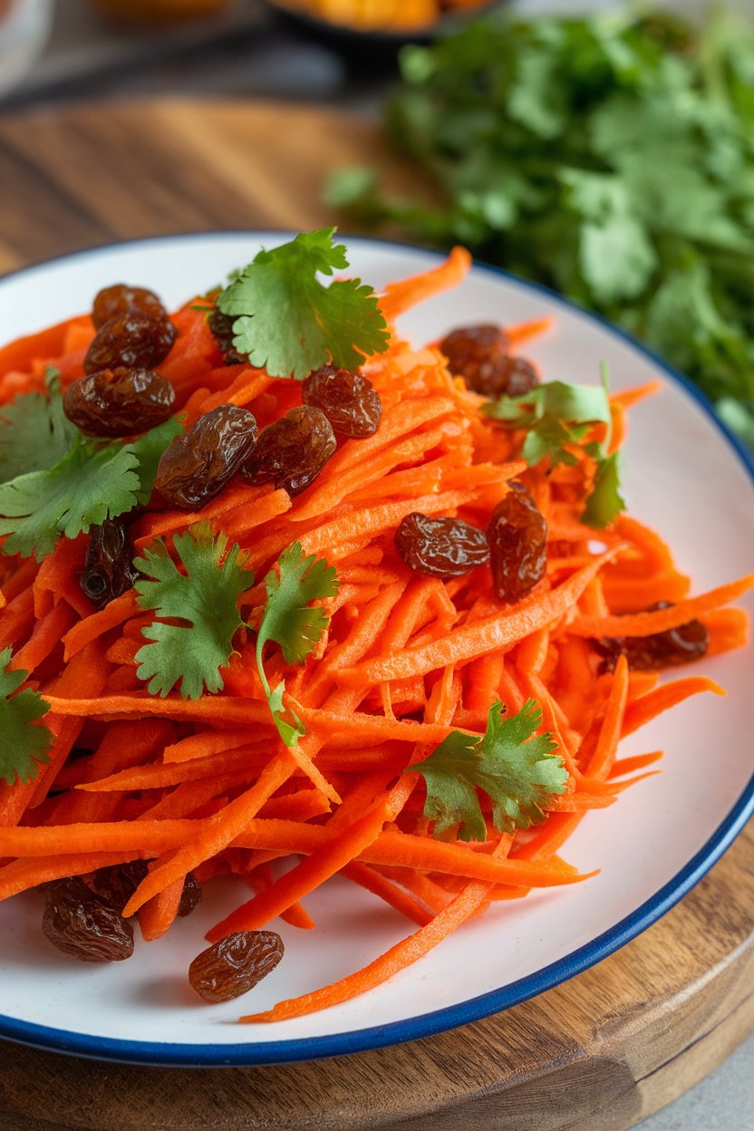 Photo of an indoor serving plate with shredded carrots tossed in harissa dressing, sprinkled with raisins and cilantro; no text or logos