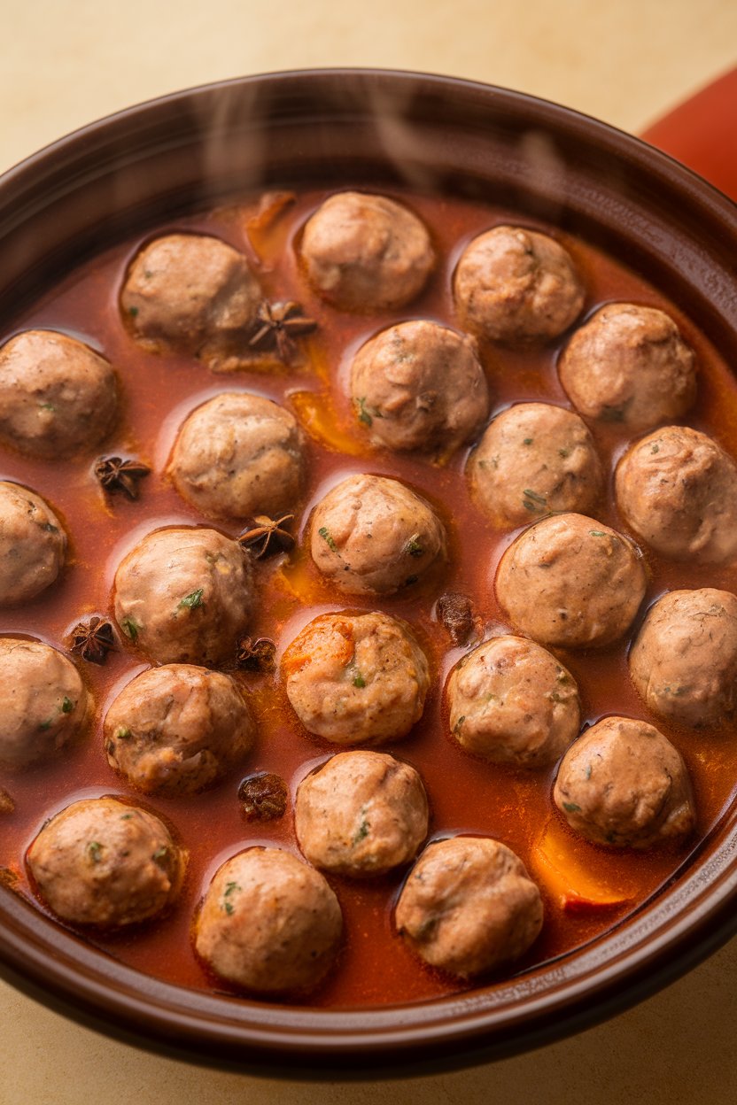 Indoor photo of small turkey meatballs in a tagine-style dish surrounded by tomato sauce laced with cumin and cinnamon, steam visible. No text or logos.