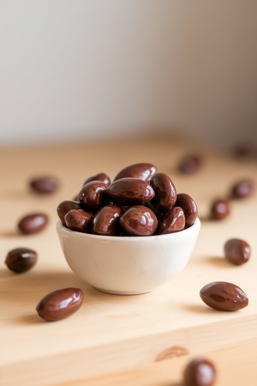 Small white bowl indoors holding glossy dark chocolate-coated almonds, shot from overhead. No text or logos.