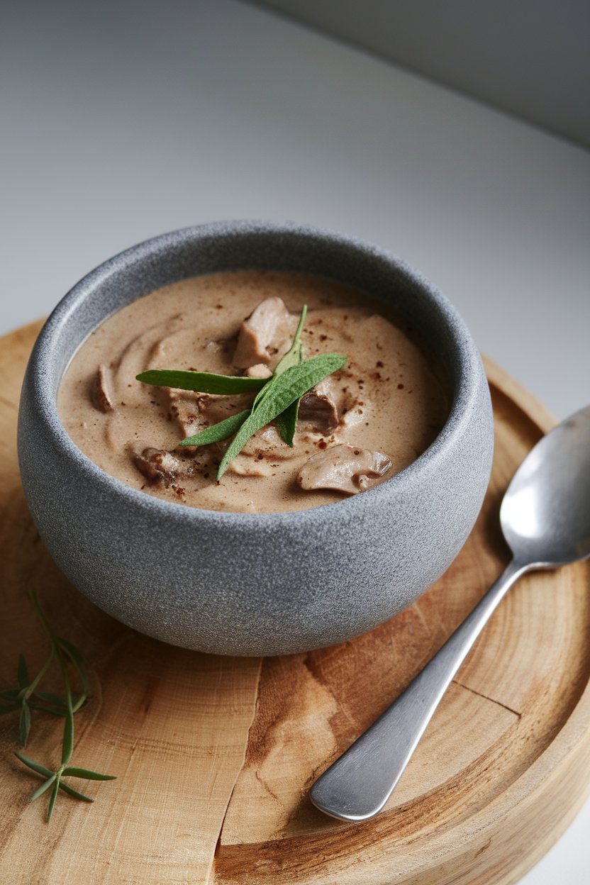 Indoor photo of creamy brown mushroom soup topped with fresh tarragon leaves, served in a gray stone bowl; no text or logos