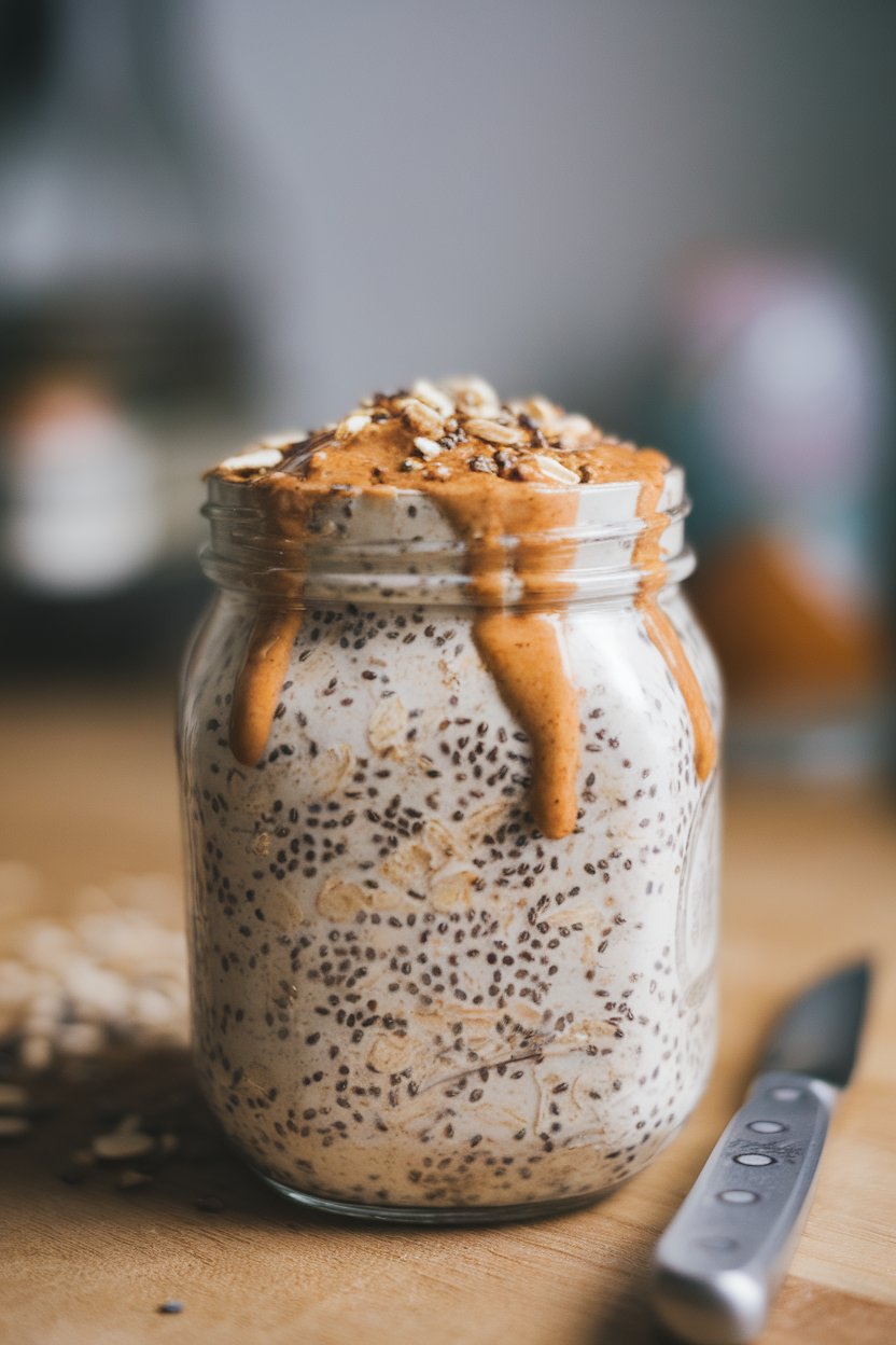 Indoor breakfast spread photo of a jar of oats speckled with chia, flax, and hemp seeds, topped with a drizzle of almond butter. No logos or text. Photo only.
