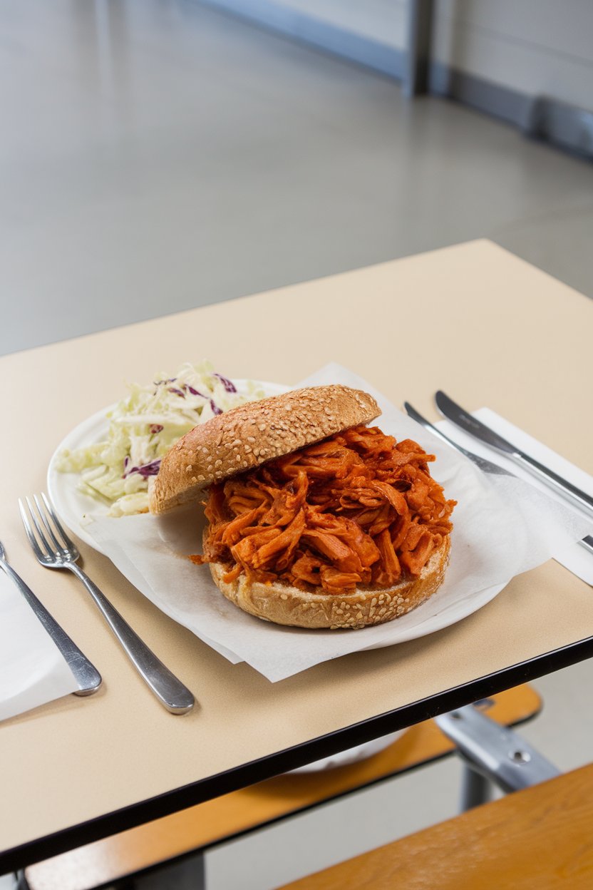 An indoor cafeteria table with a whole-grain bun piled high with saucy shredded jackfruit and a side of coleslaw. No text or logos visible. Photo only.