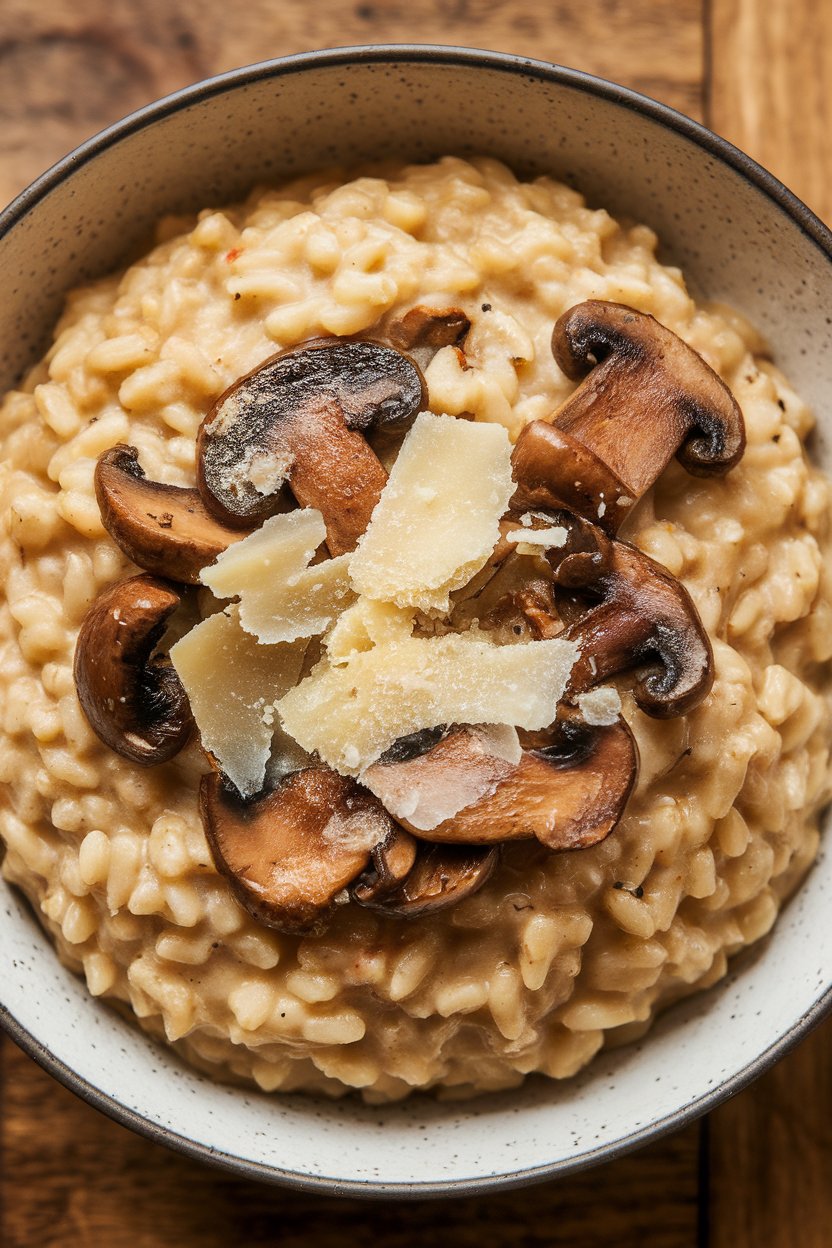 An indoor bowl brimming with creamy farro risotto studded with sautéed mushrooms and topped with shaved Parmesan; no text or logos.