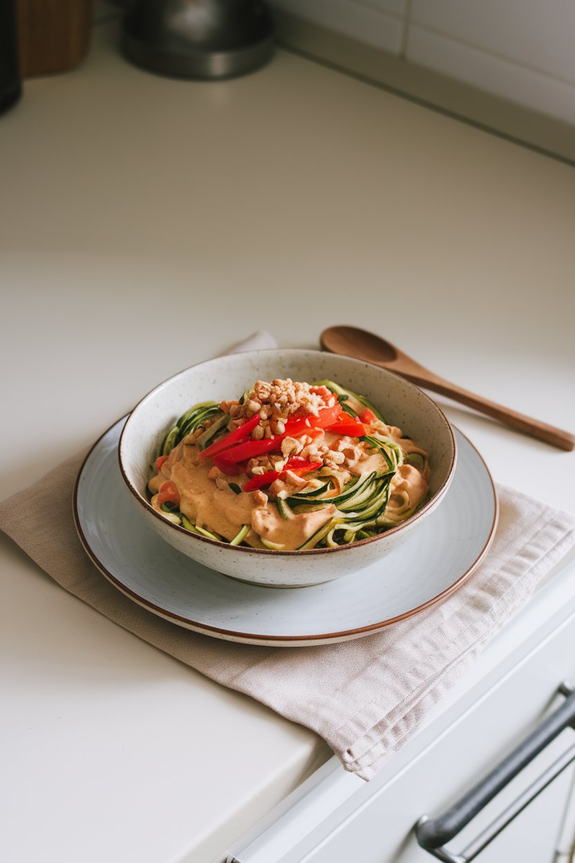 An indoor countertop with a bowl of zucchini noodles coated in creamy peanut sauce, topped with julienned bell peppers and crushed peanuts; no text or logos; photo.