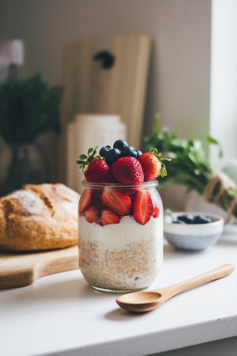 A softly lit indoor counter with a mason jar of layered overnight oats, almond milk, and a crown of strawberries and blueberries. No text or logos; photo, not illustration.
