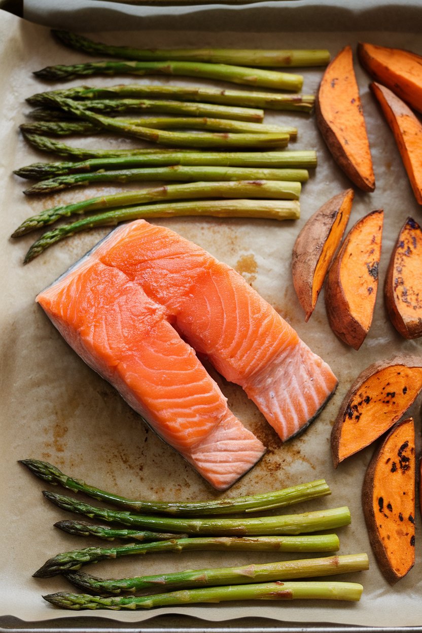 An indoor oven tray with roasted salmon fillets, asparagus, and sweet potato wedges on parchment, no raw fish visible and no logos.