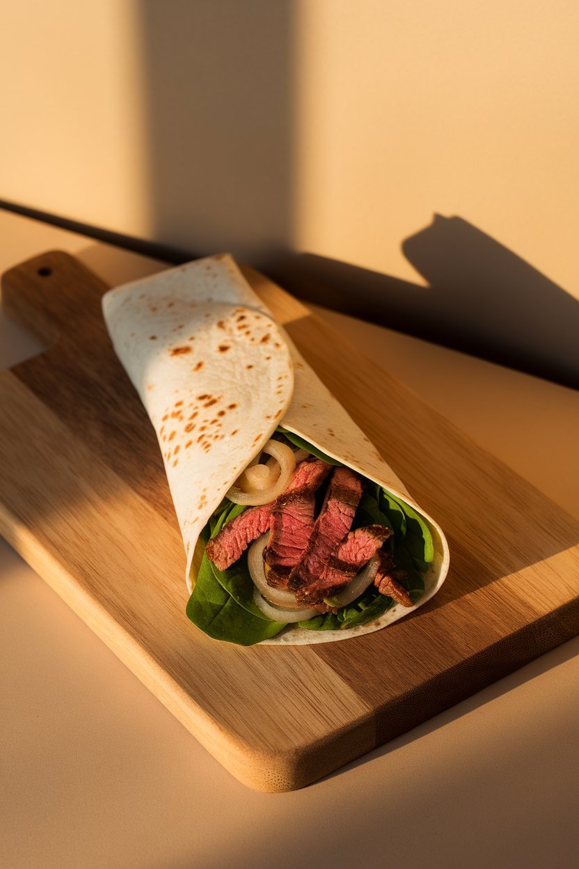 Indoor cutting board with a wrap stuffed with thinly sliced grilled steak, baby spinach, and caramelized onions. Warm indoor light, no logos.