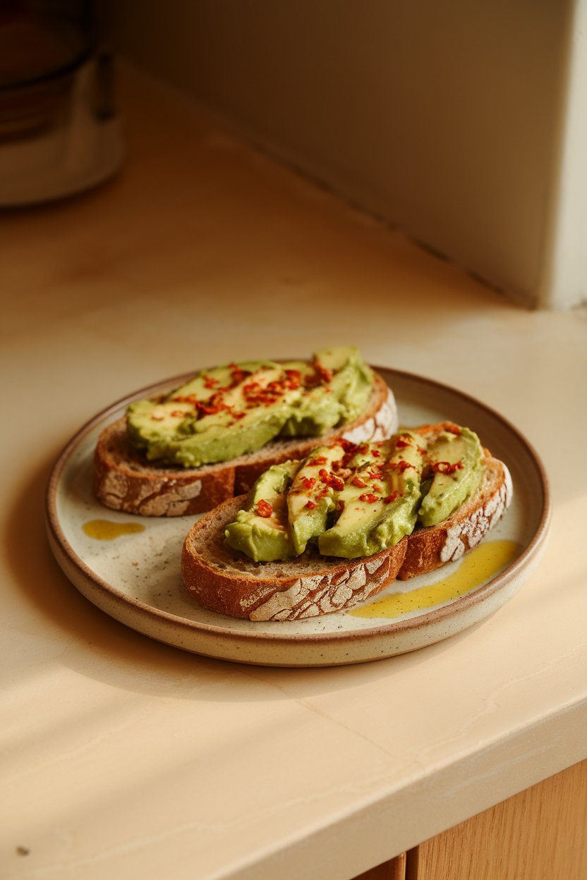 A warmly lit indoor countertop showing two slices of toasted whole-grain bread topped with mashed avocado, chili flakes, and a drizzle of olive oil on a simple ceramic plate. No text or logos anywhere in the scene; photo, not illustration.