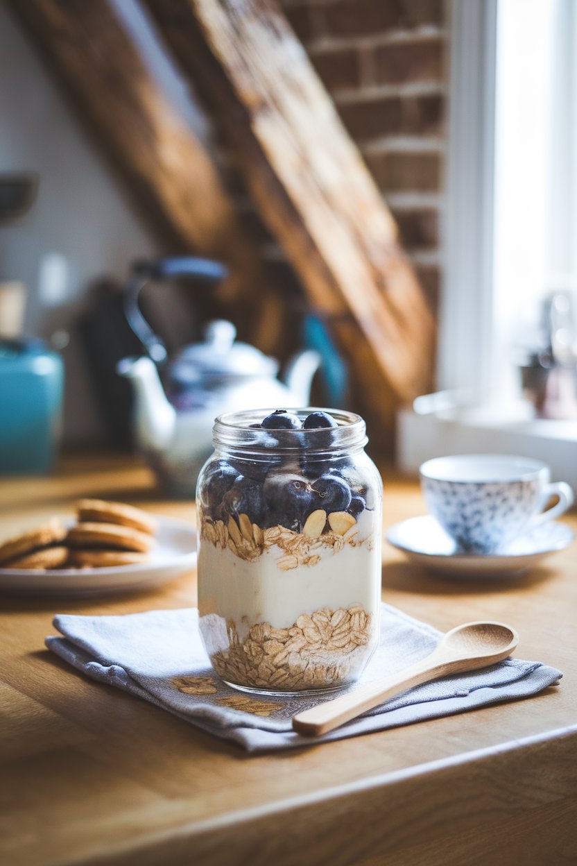 Photo prompt: An indoor kitchen counter scene with a glass jar layered with rolled oats, almond milk, fresh blueberries, and sliced almonds, the lid set beside the jar. Morning light from a nearby window, no text or logos anywhere.