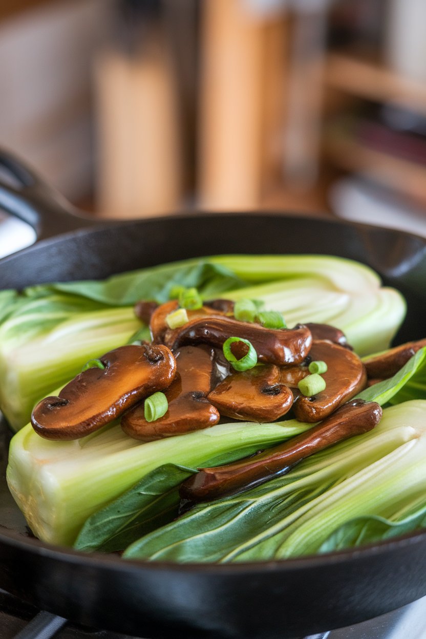 Indoor skillet shot of bright green bok choy halves and shiitake mushrooms coated in a shiny ginger miso glaze. No text or logos.