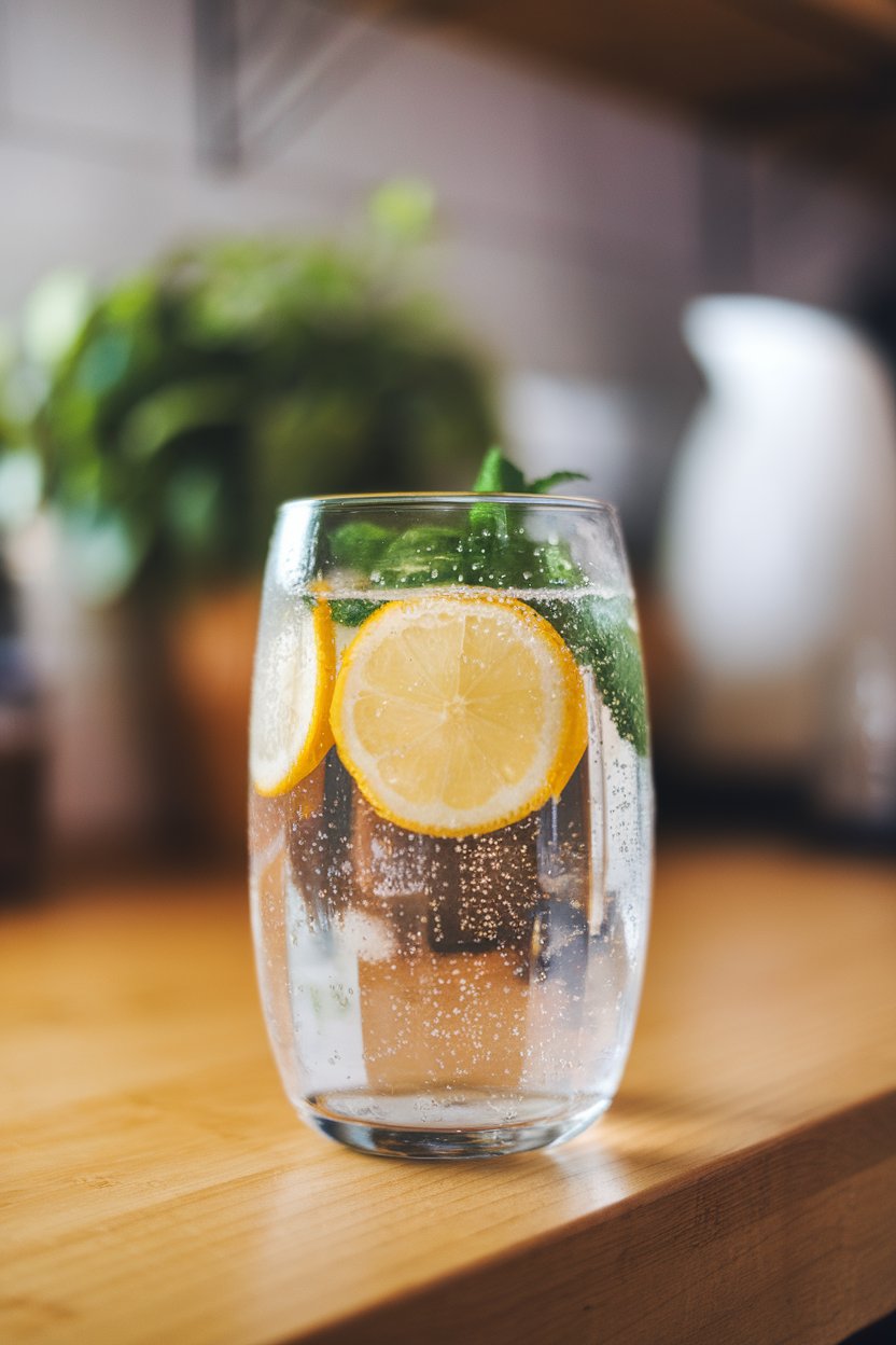 An indoor counter scene showing a clear glass of sparkling water with lemon slices and mint, condensation beading, no text or logos, photo only