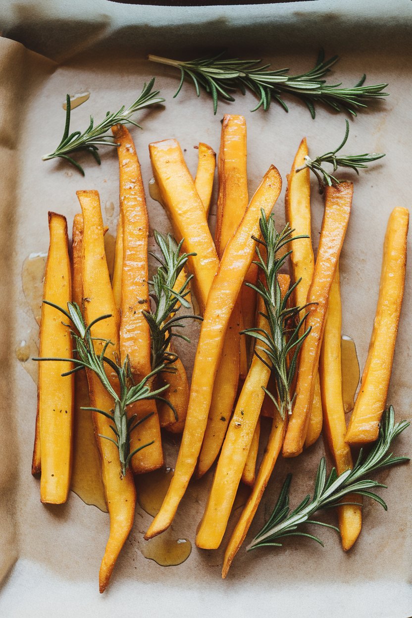 A parchment-lined tray indoors of parsnip fries glazed in maple syrup and rosemary; no text or logos, photo only