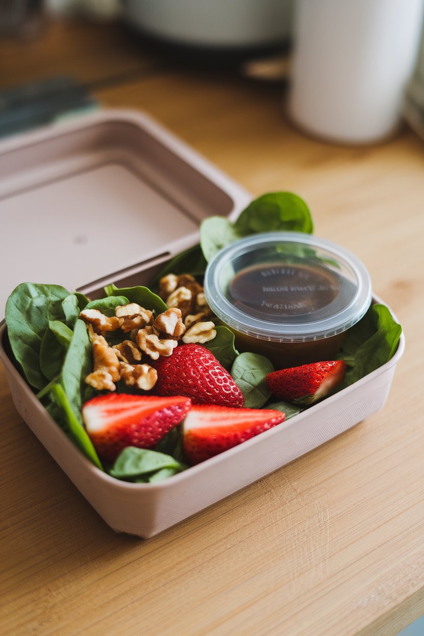 A reusable container indoors holding baby spinach, sliced strawberries, walnuts, and a small lidded cup of balsamic vinaigrette. No logos visible.