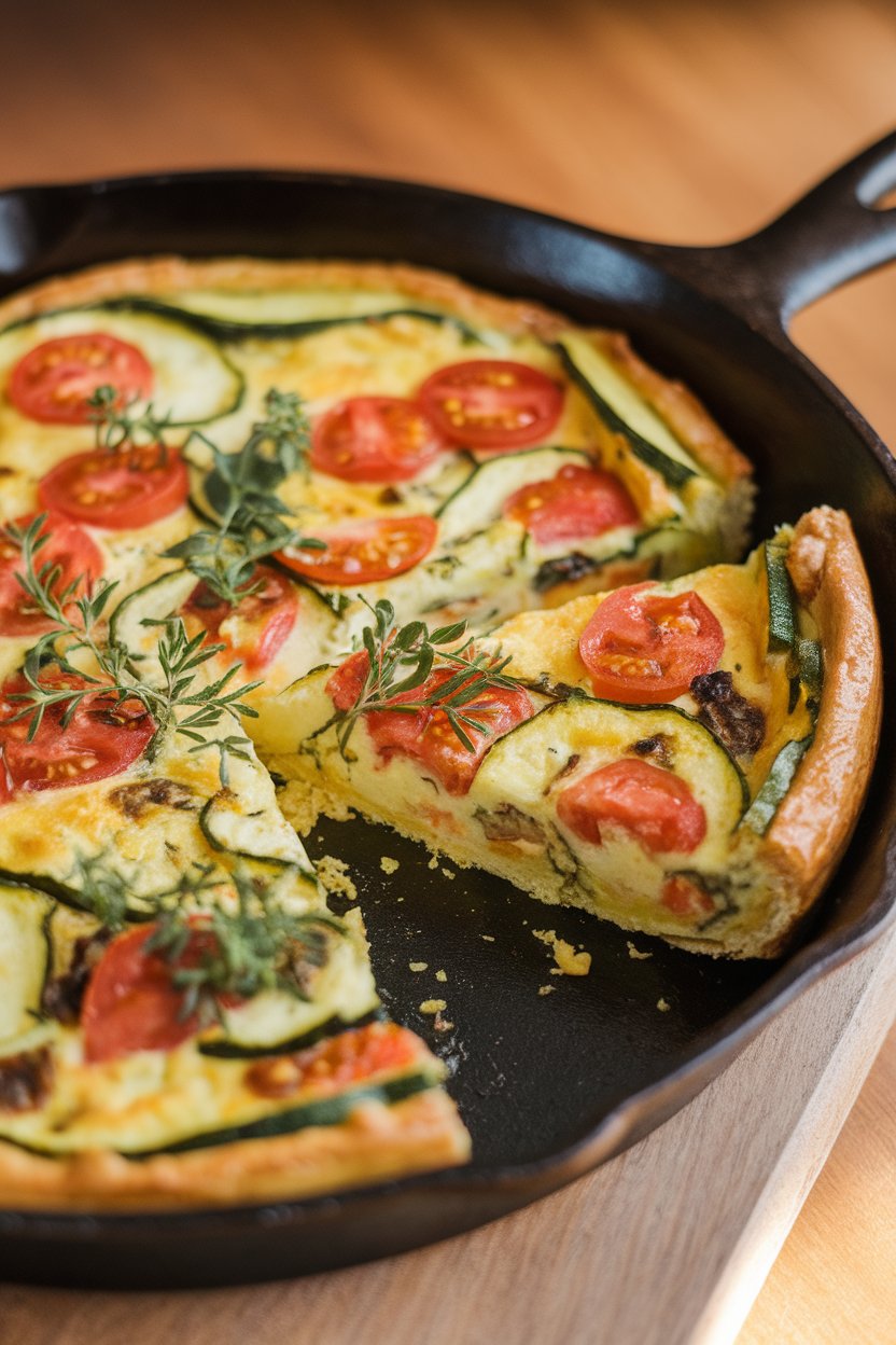 An indoor cast-iron skillet holding a colorful frittata with visible zucchini, tomatoes, and herbs, wedge cut out. No branding or text. Photo.