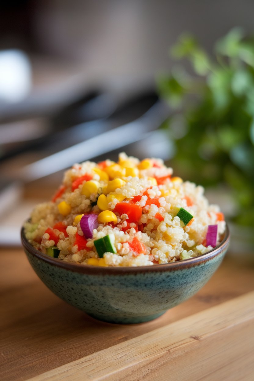 A small indoor bowl of fluffy quinoa mixed with colorful diced veggies and tiny corn kernels; no text or logos.