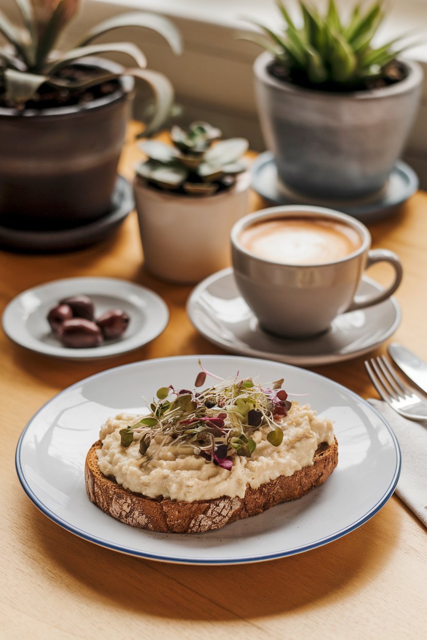 Indoor brunch scene of whole-grain toast spread with creamy white bean mash, topped with microgreens. No logos or text visible.