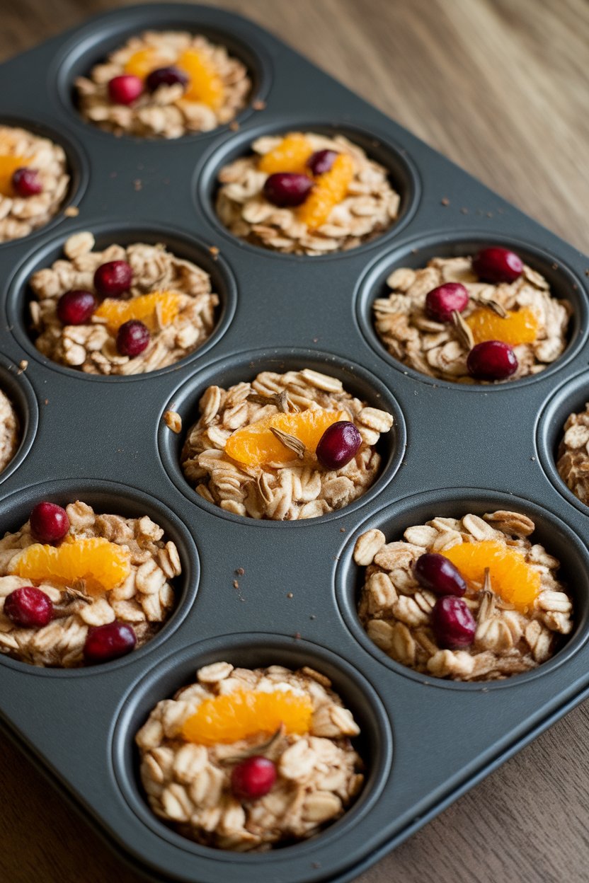 Photo of a muffin tin indoors filled with baked steel-cut oat cups dotted with orange zest, cardamom, and cranberries, no text or logos.