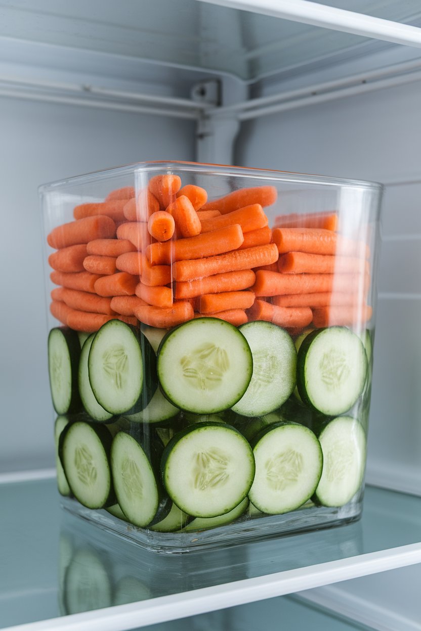 A clear glass container of sliced cucumbers and baby carrots at eye level in a well-lit refrigerator, no logos.