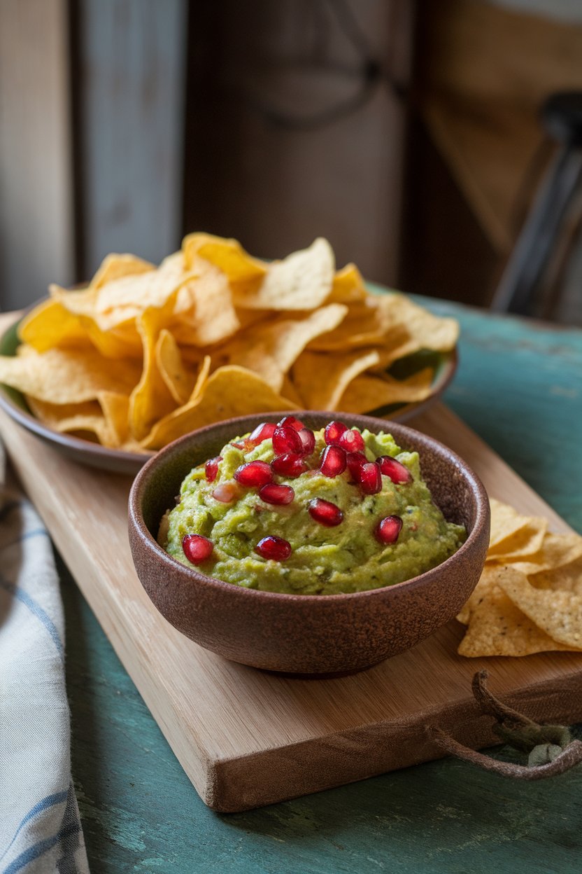 Bowl of guacamole dotted with pomegranate seeds, tortilla chips nearby indoors. No text or logos. Photo.