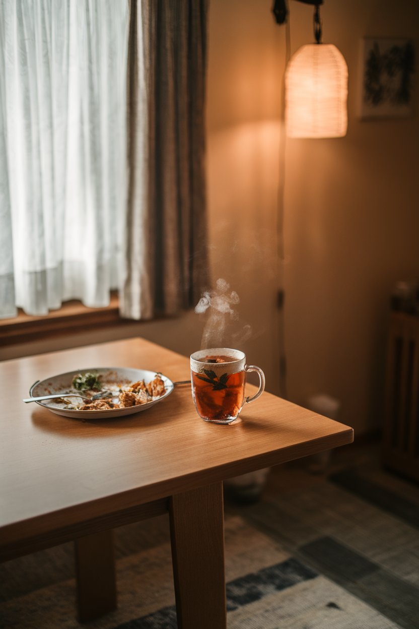 Indoor photo of a steaming mug of peppermint tea placed on a wooden dining table after a finished meal plate. Evening light, no text or logos.