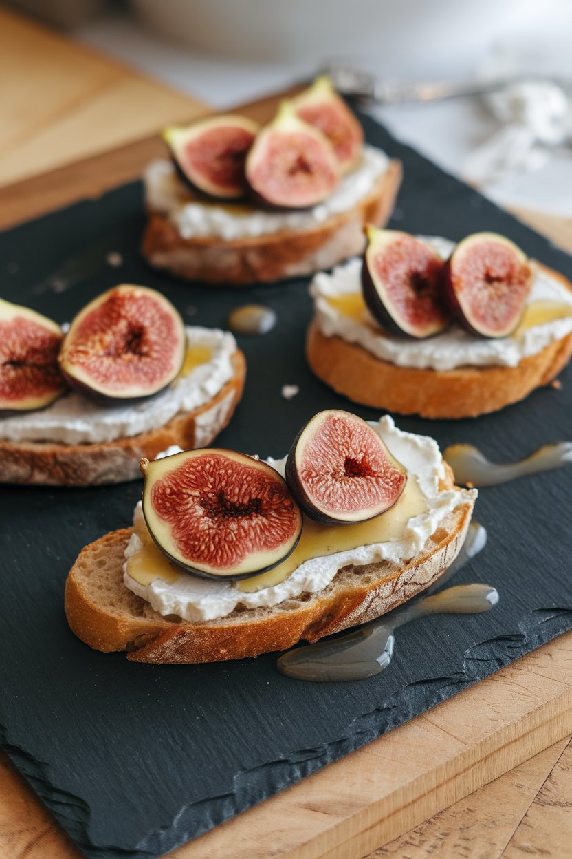 Toasted baguette slices topped with creamy goat cheese, sliced figs, and a drizzle of honey on an indoor slate board. No text or logos. Photo.