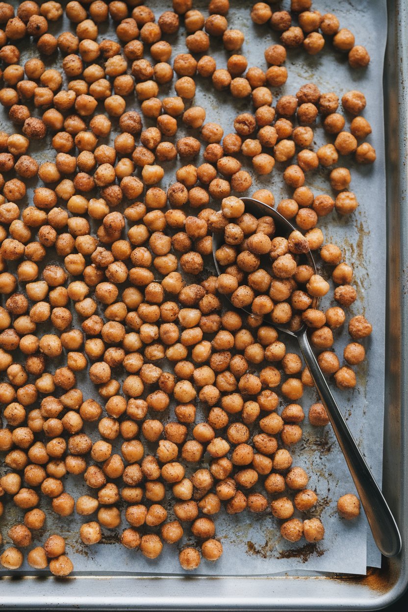 Photo of an indoor baking sheet filled with roasted chickpeas coated in cinnamon and coconut sugar, spoon resting nearby, no text or logos.