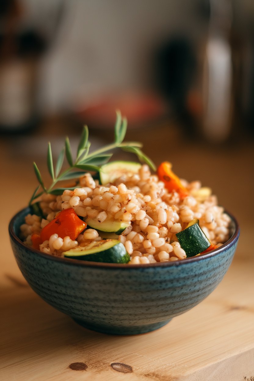 Indoor photo of a bowl of cooked barley mixed with roasted zucchini, bell pepper, and onion; warm, inviting light, no text or logos